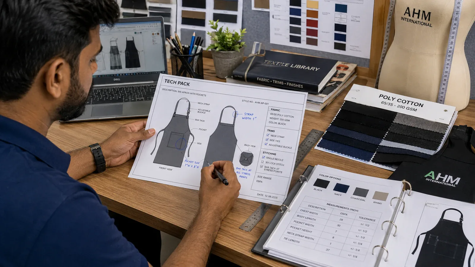 Technical pack open on the development table beside a reference garment