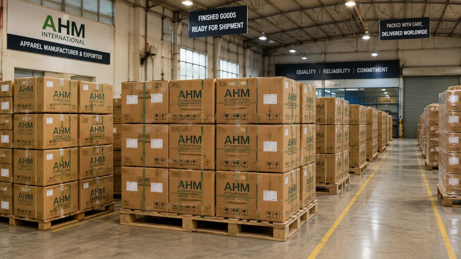 Finished goods staged in the warehouse ahead of dispatch