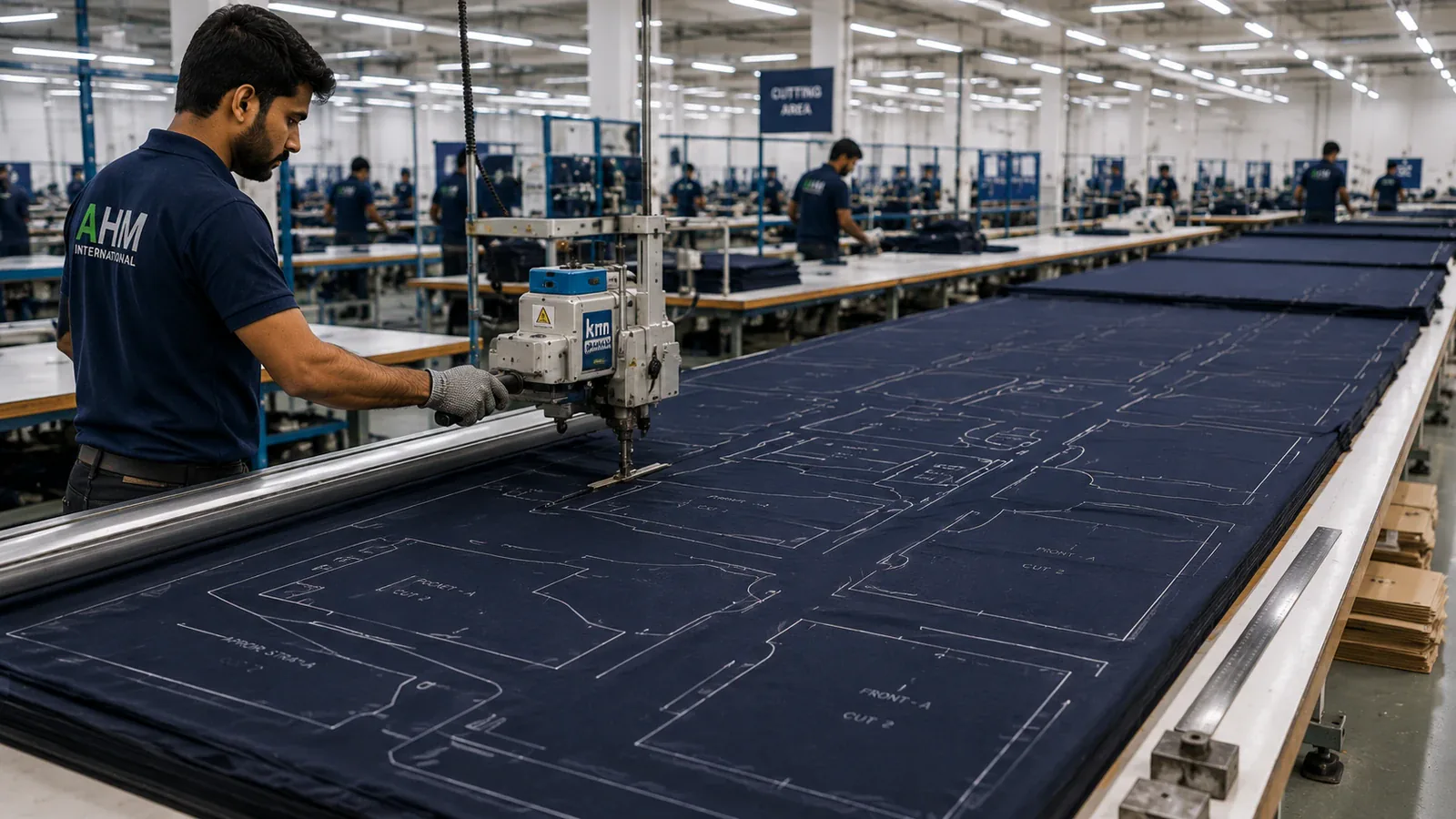 Fabric lay being cut against a marker on the cutting table