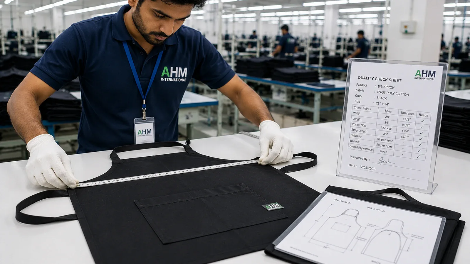 Inspector checking a finished garment against the approved sample