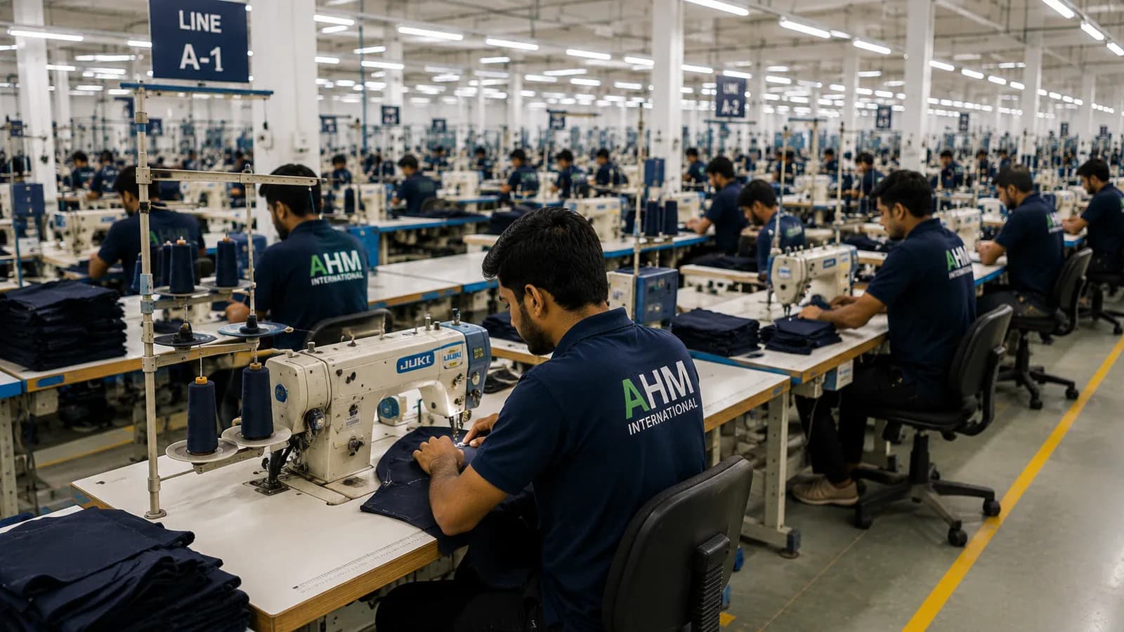 Stitching line assembling uniform garments