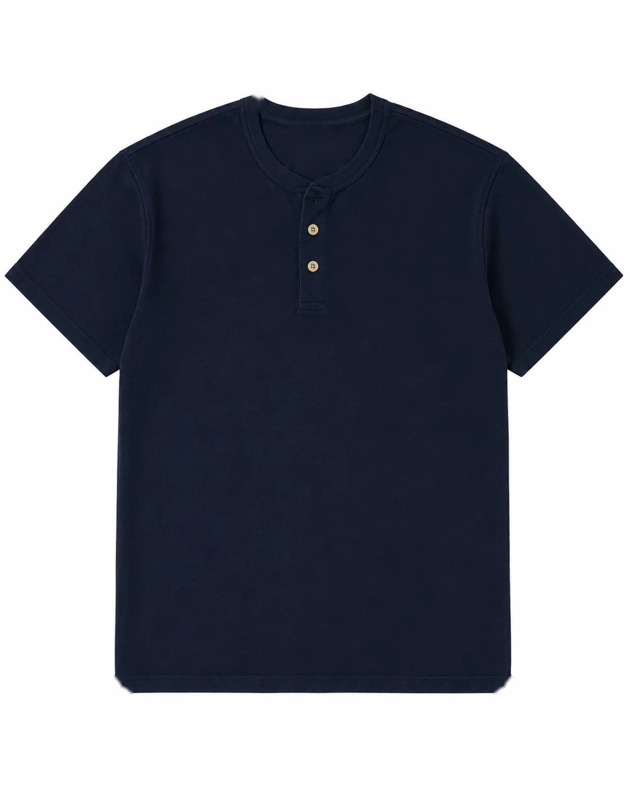 Navy short-sleeve henley T-shirt. Photographed production sample