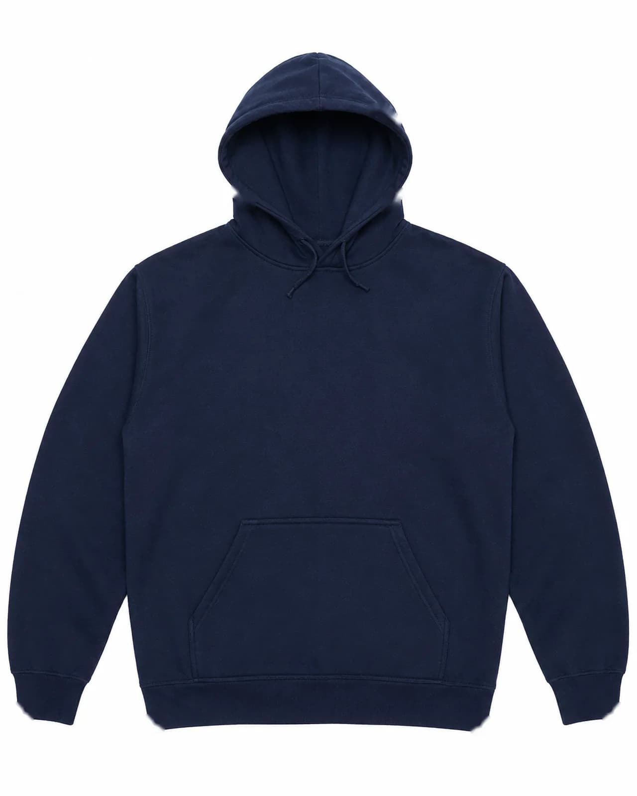 Navy hooded sweatshirt. Photographed production sample