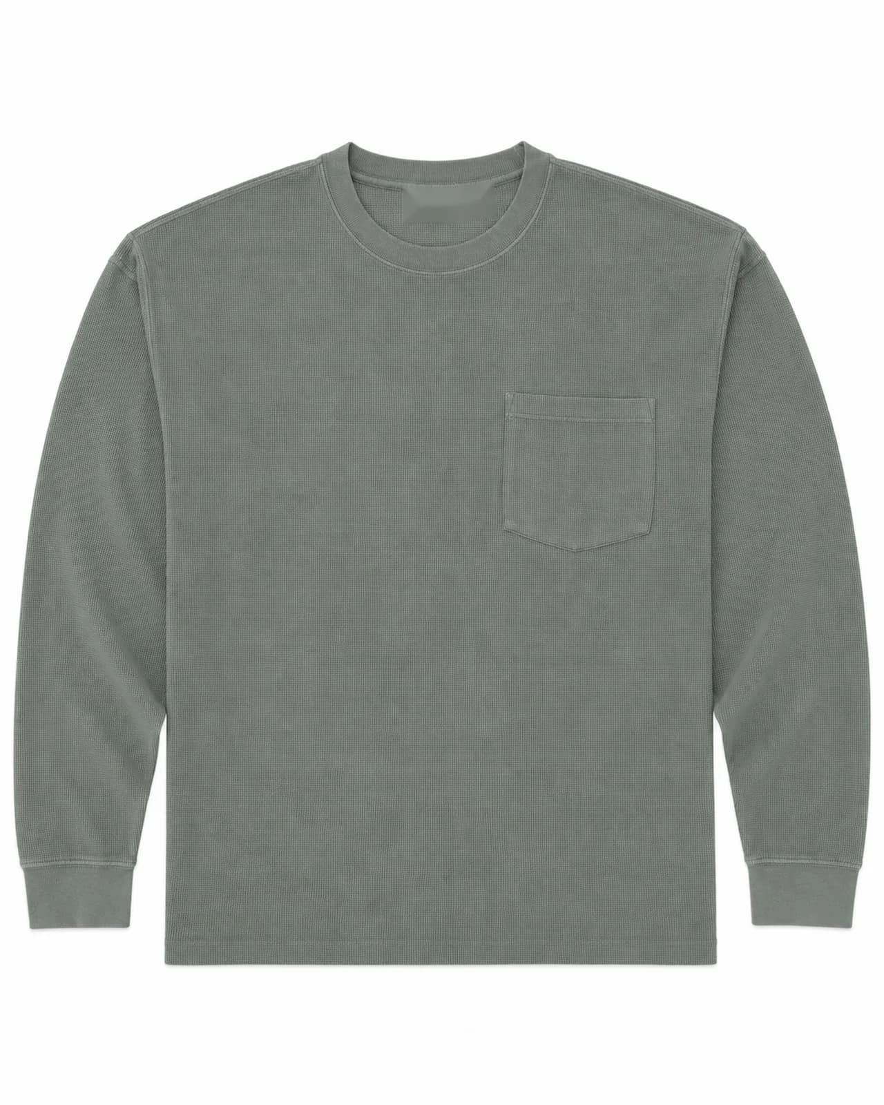 Sage waffle-knit thermal shirt. Photographed production sample